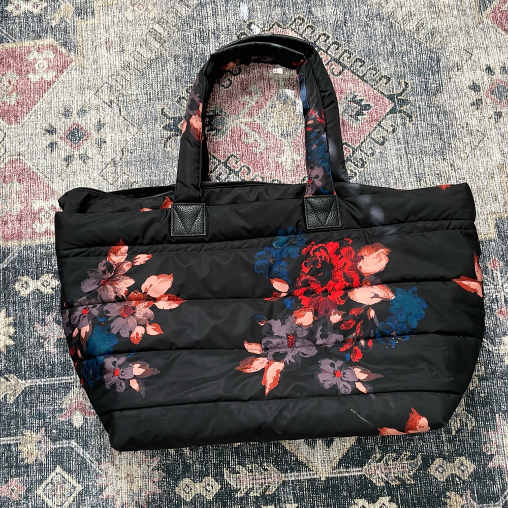 Black floral puffer weekender/gym bag